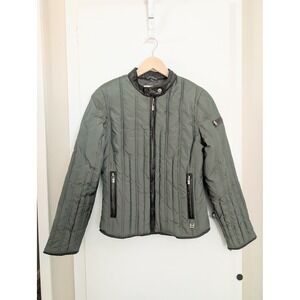 Quilted Down Moto Puffer Jacket Faux Leather Trim Women XS Green Michael Kors